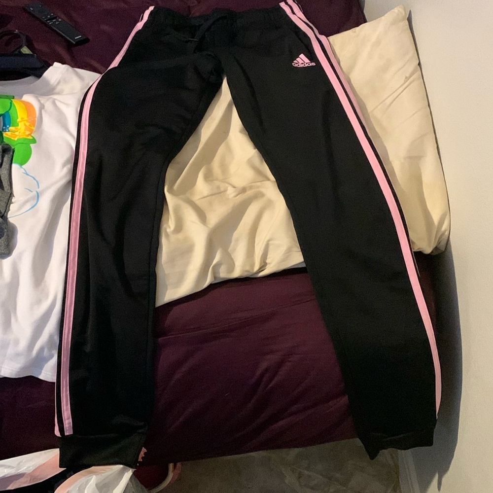 Black and pink stripe Adidas joggers